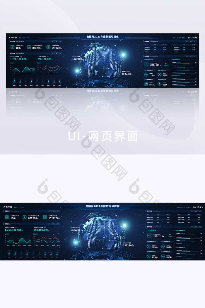 蓝色科技可视化数据分析UI网页超级大屏