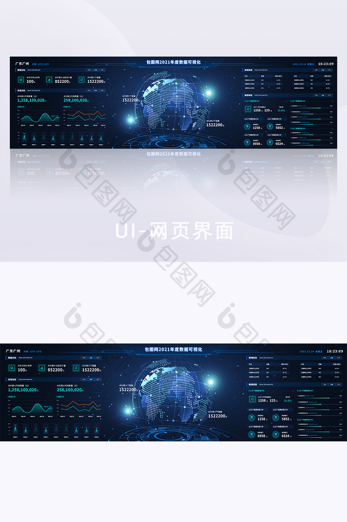 蓝色科技可视化数据分析UI网页超级大屏-包图网
