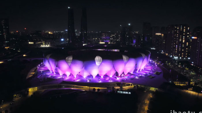 城市地标夜景杭州亚运奥体中心4K航拍