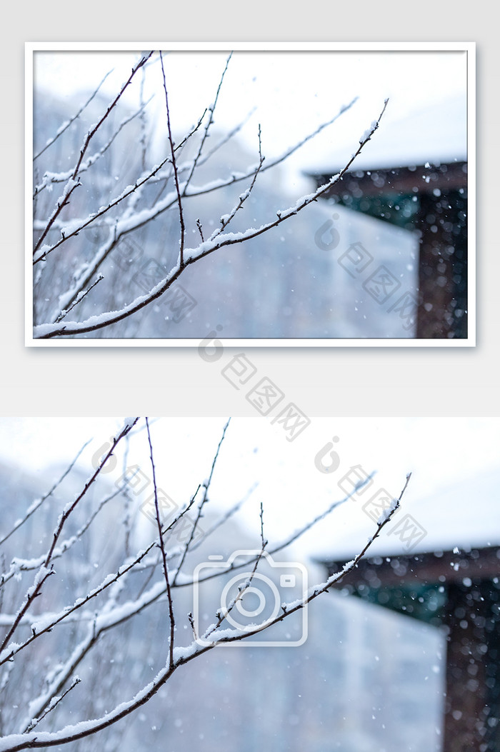 雪花树枝桠古建筑雪景