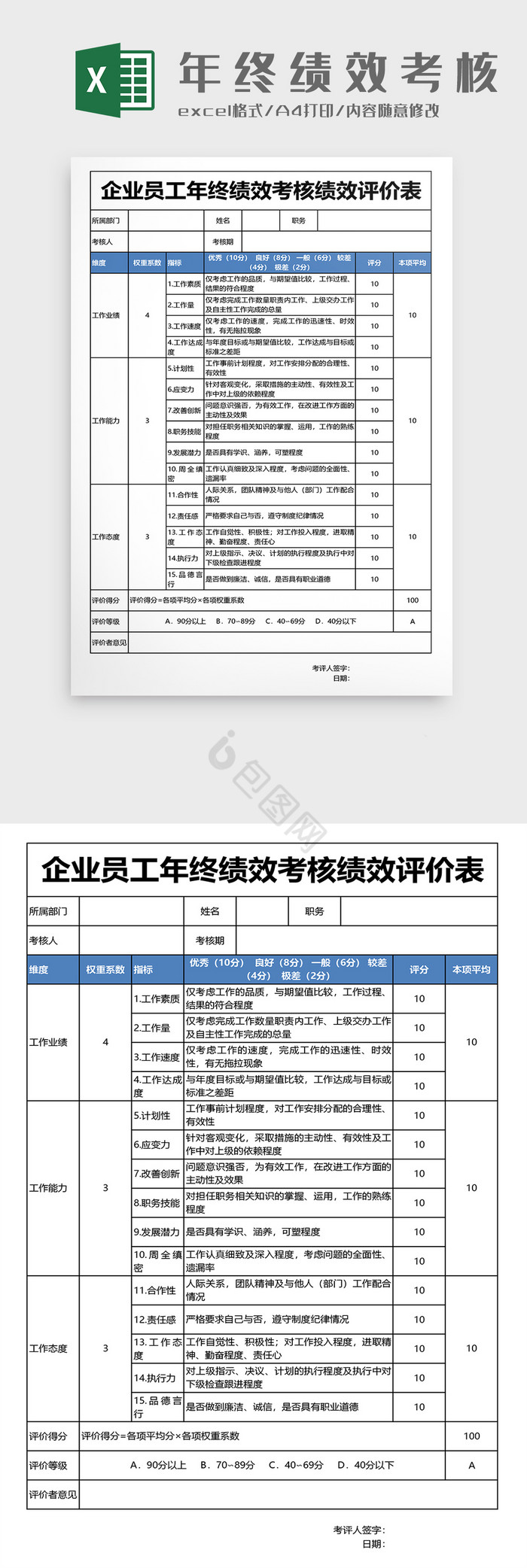 年终绩效考核评定表