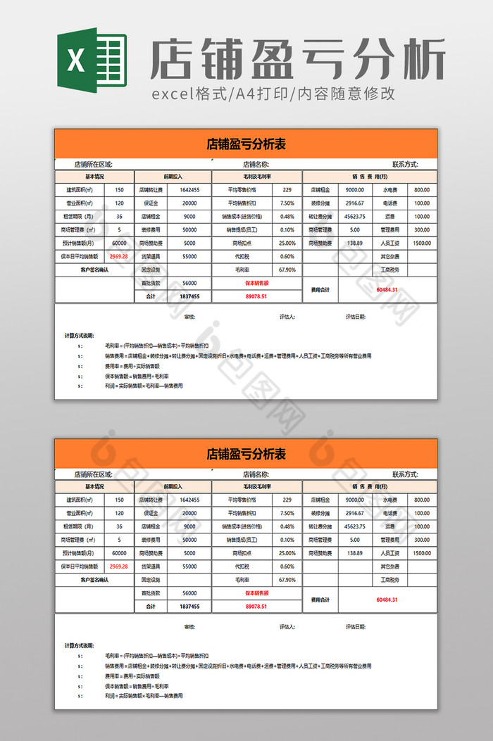 店铺盈亏分析表excel模板图片图片