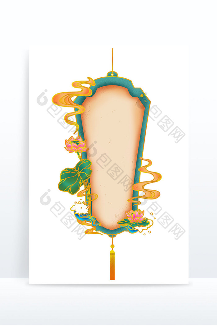 绿色民族风国潮金边荷花祥云吊牌边框元素