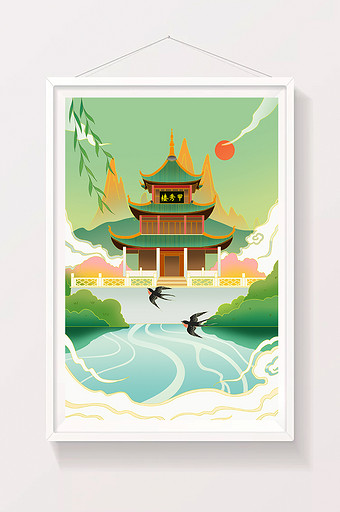 绿色春分中国风古建筑插画图片