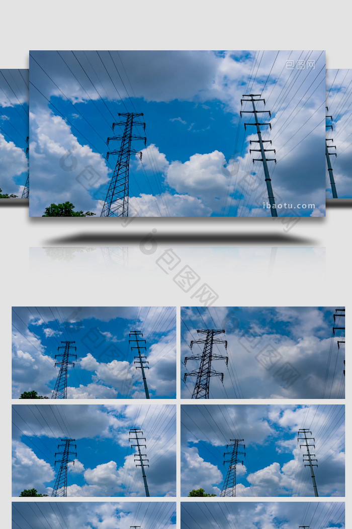夏季电力铁塔天空蓝天白云延时实拍素材