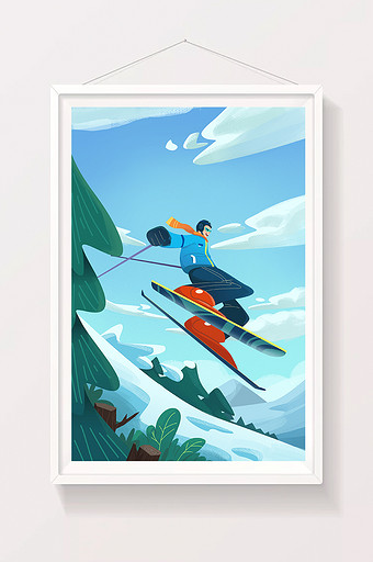 冬天雪山双板滑雪插画图片