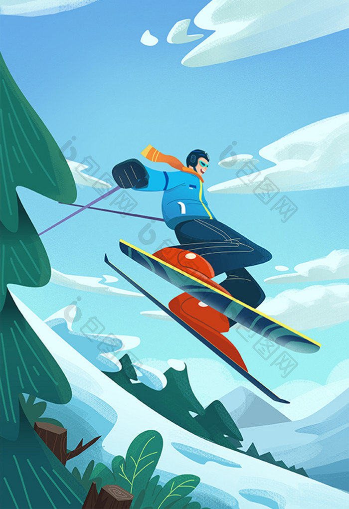 冬天雪山双板滑雪插画