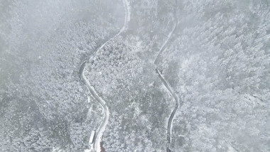 大气自然风景冬天森林中蜿蜒的山路航拍