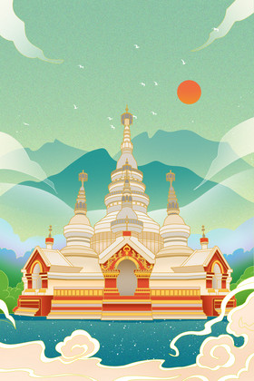 西双版纳曼飞龙白塔中国风插画图片