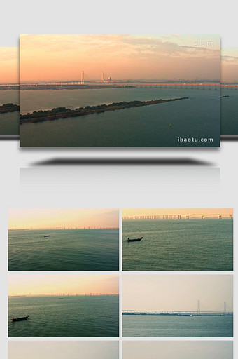 大气清晨海边跨海大桥车辆海上船只航拍图片