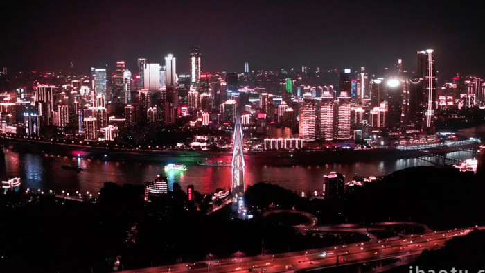 震撼猩红色重庆渝中半岛夜景灯光航拍