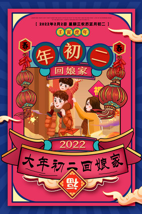 新年中国习俗回娘家大年初二创意海报设计