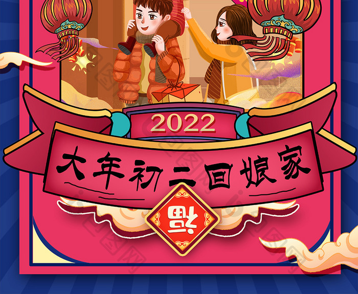 新年中国习俗回娘家大年初二创意海报设计