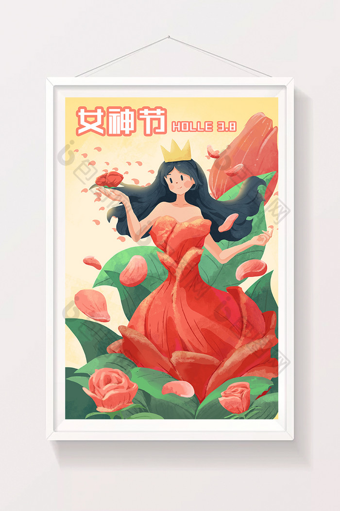 红色玫瑰女神节插画