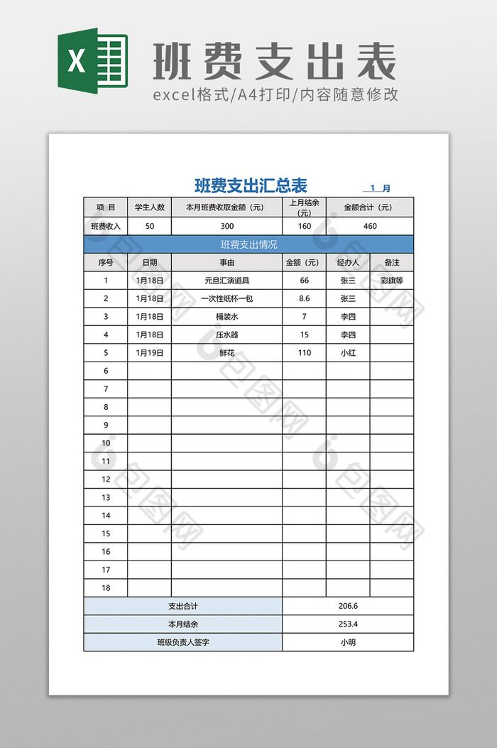 班级管理班费支出表