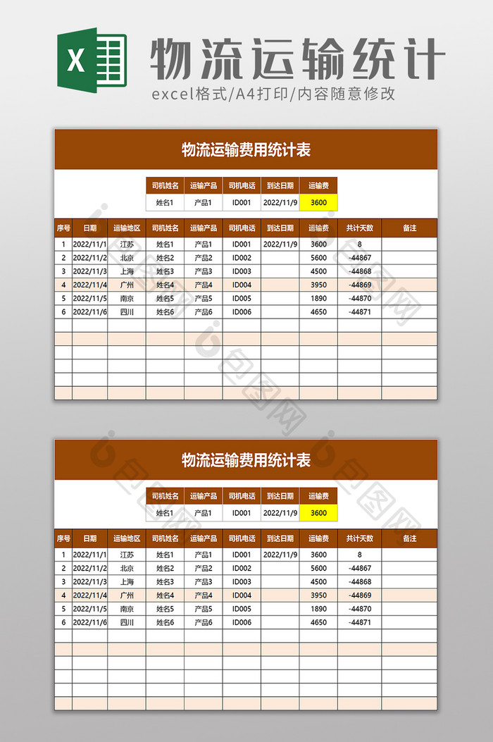 物流运输费用统计表excel模板