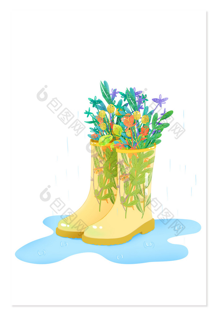 立春雨水元素植物雨靴卡通手绘