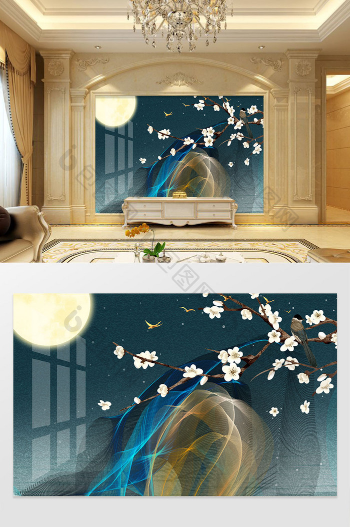 新中式浮雕效果山水抽象背景墙