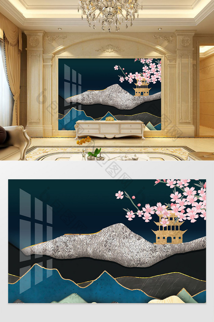 山水桃花中式浮雕效果背景墙