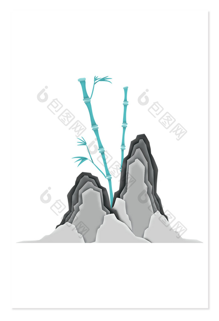 青绿色灰色国风剪纸春天竹子假山元素