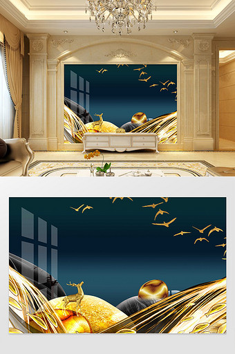 新中式鎏金山水抽象背景墙图片