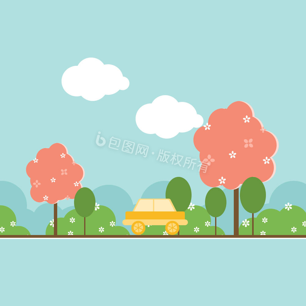 春天小清新纯色绿树花汽车动图GIF图片