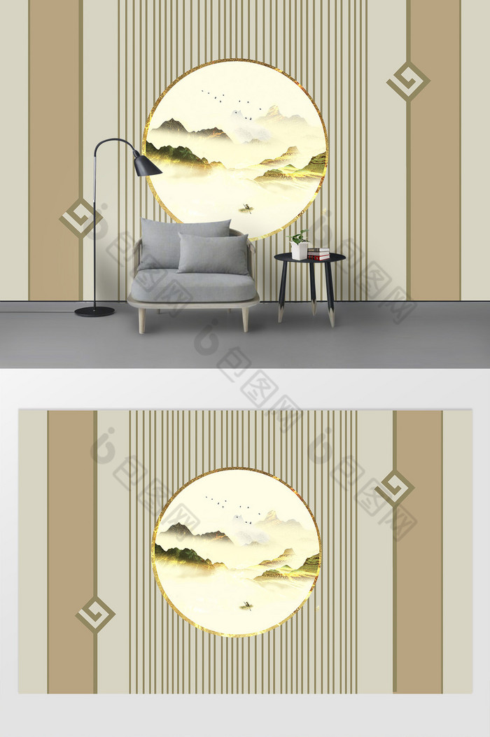 新中式轻奢金色山水电视客厅背景墙定制图片图片