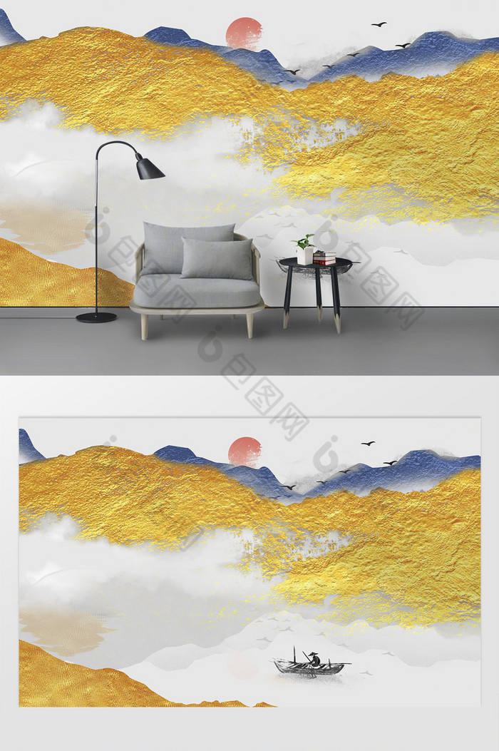 新中式金色山水电视客厅背景墙图片图片