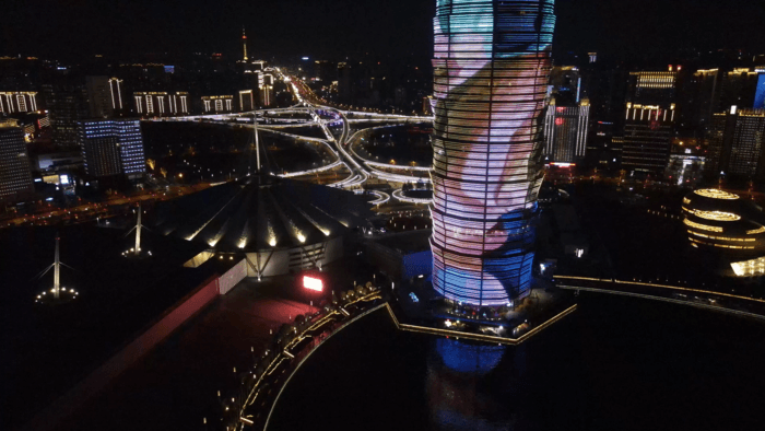 震撼燈光鄭州cbd城市夜景玉米樓上空夜景