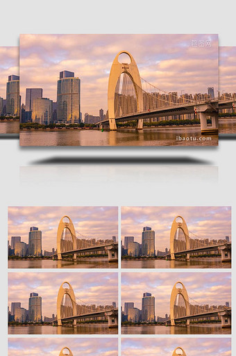 自然风光金色晚霞映照广州猎德大桥延时图片