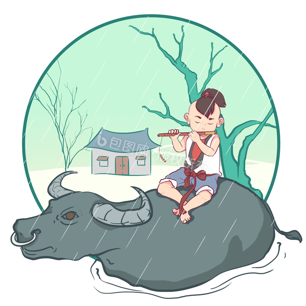 清明节下雨牧童骑牛吹笛子动图gif