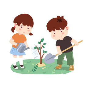 植树节男孩女孩种树浇水动图GIF