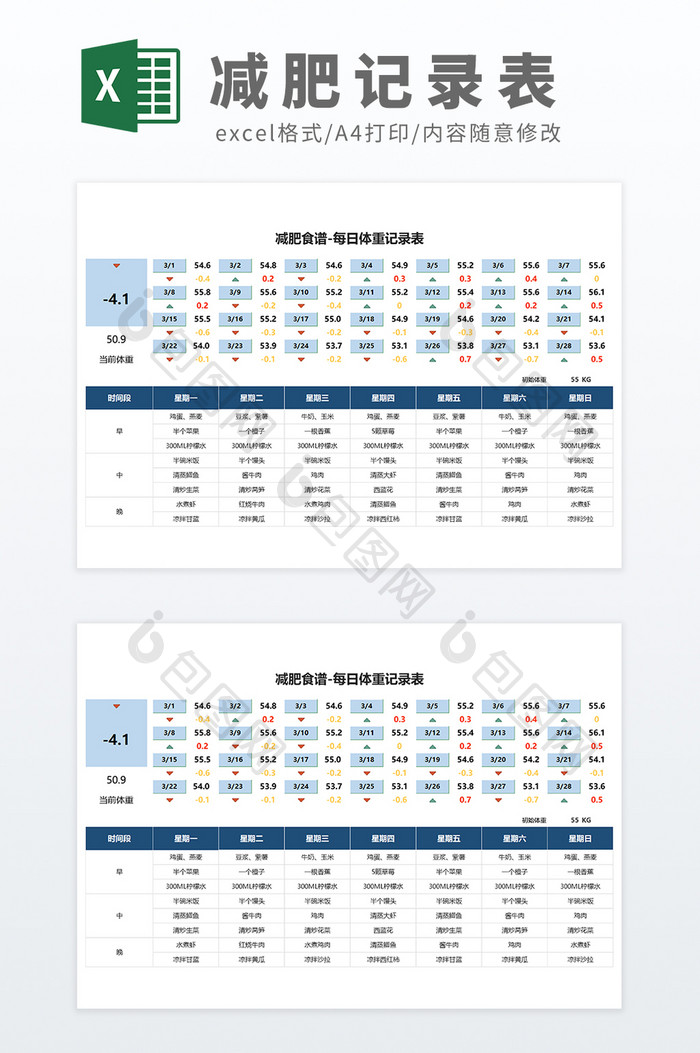 个人运动健康减肥食谱每日体重记录表