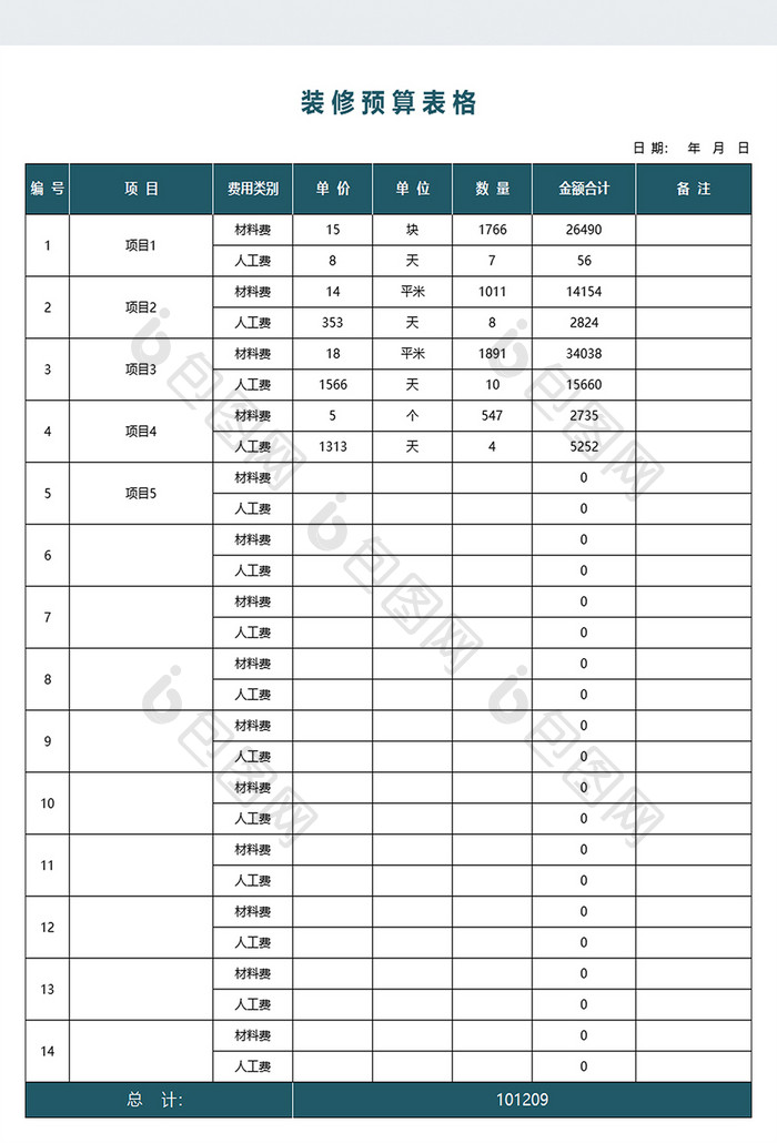 公式自动化自动计算装修预算表