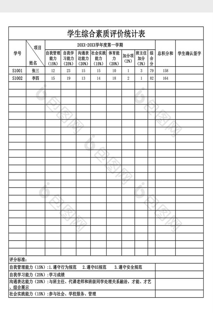 学生综合素质评价统计表