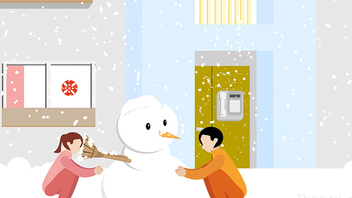易用mg动画插画类下雪天的房子前堆雪人
