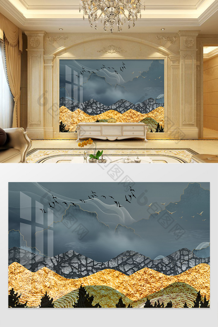 山水鎏金纹理抽象新中式背景墙图片图片