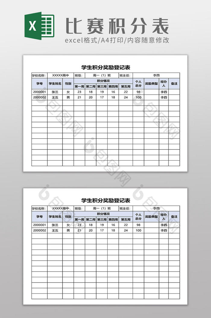 学生积分奖励登记表