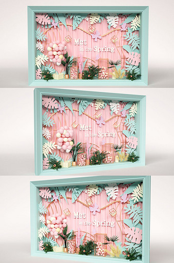 青粉色清新风格春季主题橱窗C4D美陈设计图片