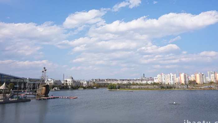 大气城市公园湖边唯美风景4k延时