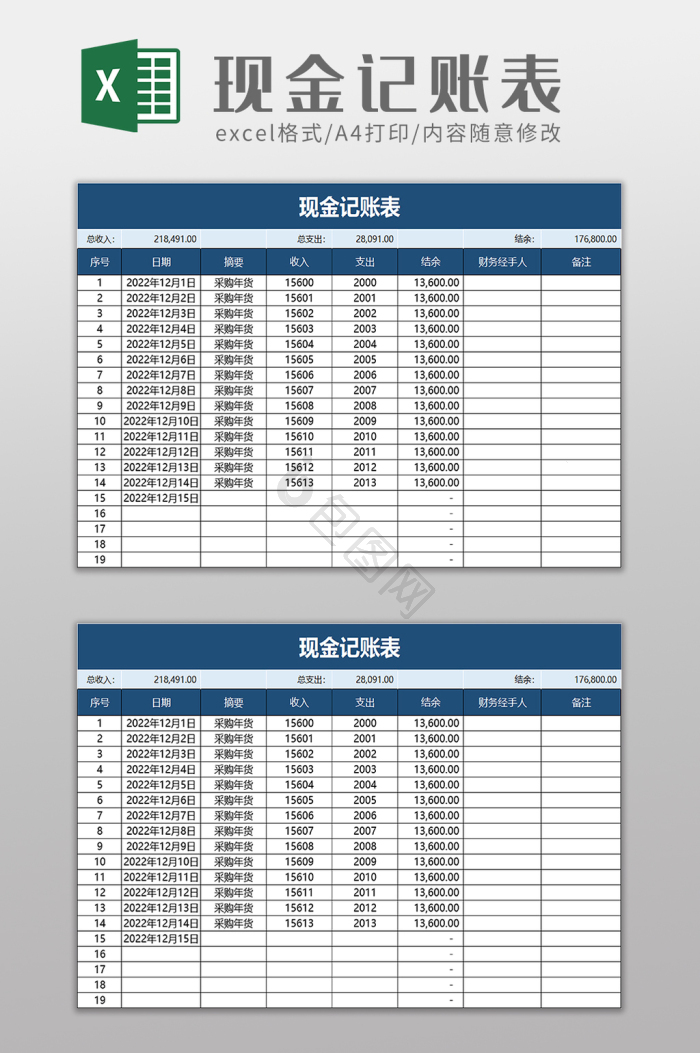 个人费用支出记账表excel模板下载-包图网