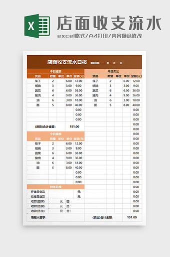 店面收支流水日报excel模板图片