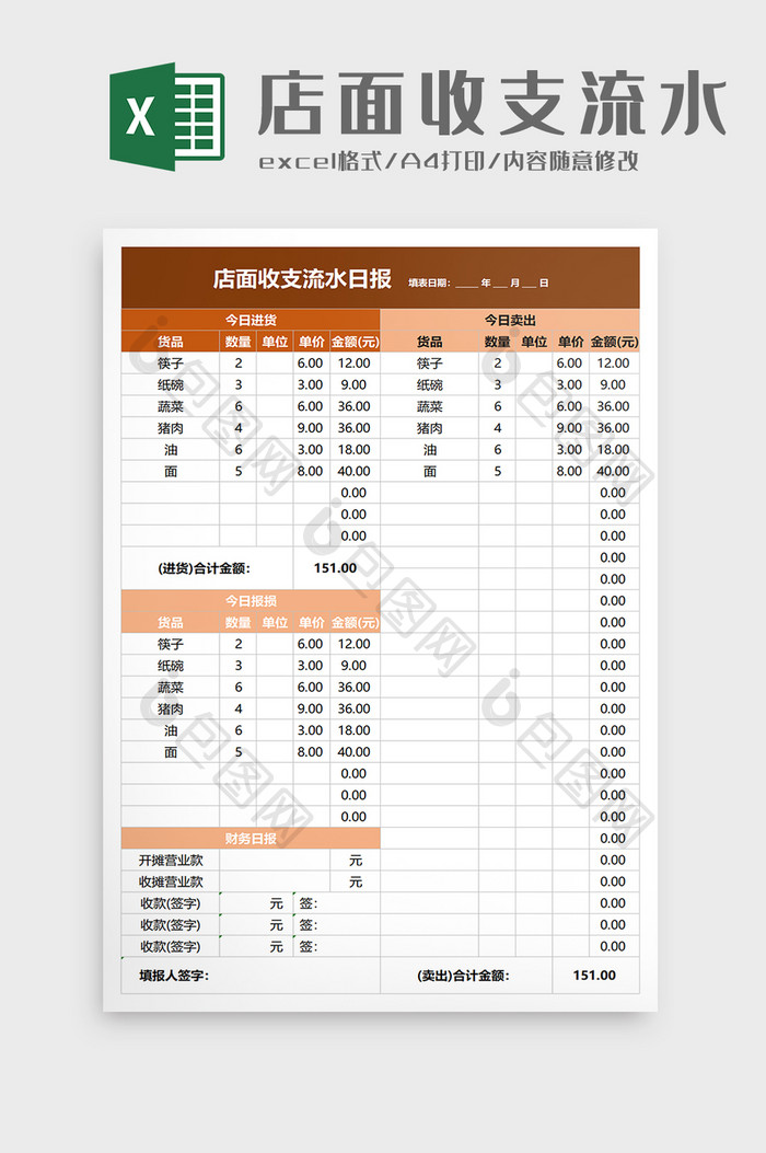 店面收支流水日报excel模板