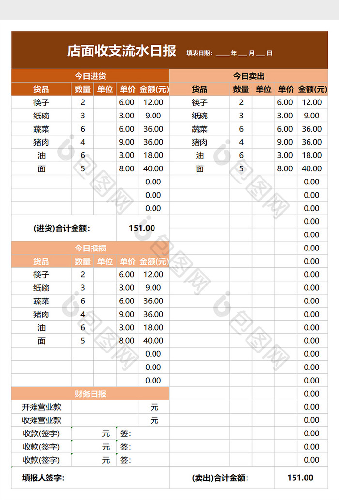 店面收支流水日报excel模板