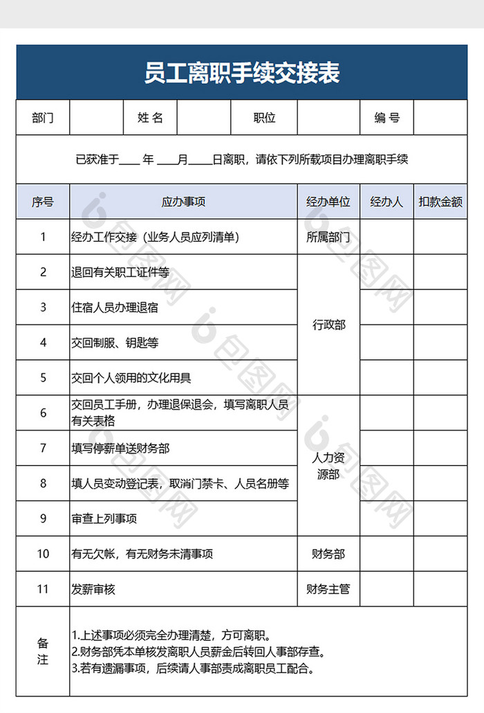 员工离职手续交接表excel模板