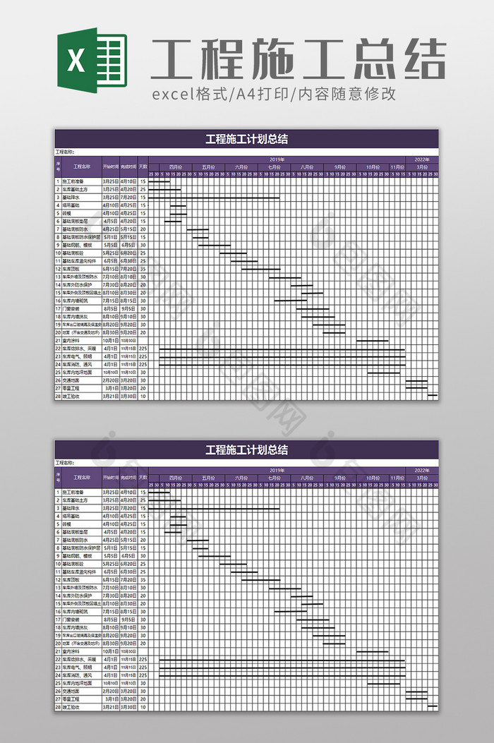 工程施工计划总结excel模板图片图片