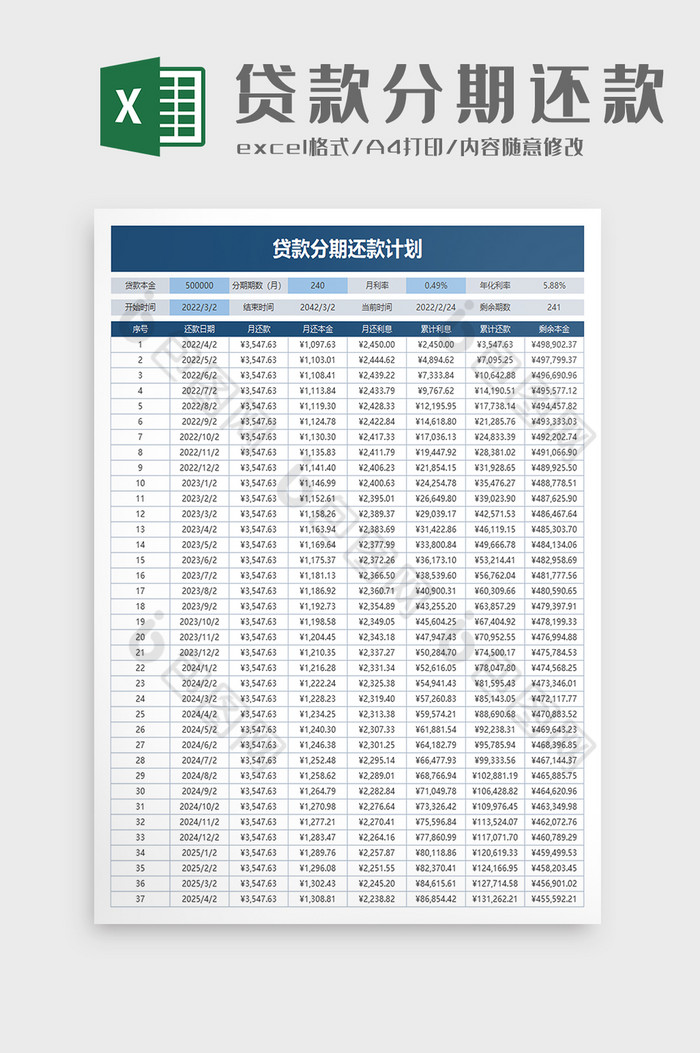 贷款还款计划表excel模板