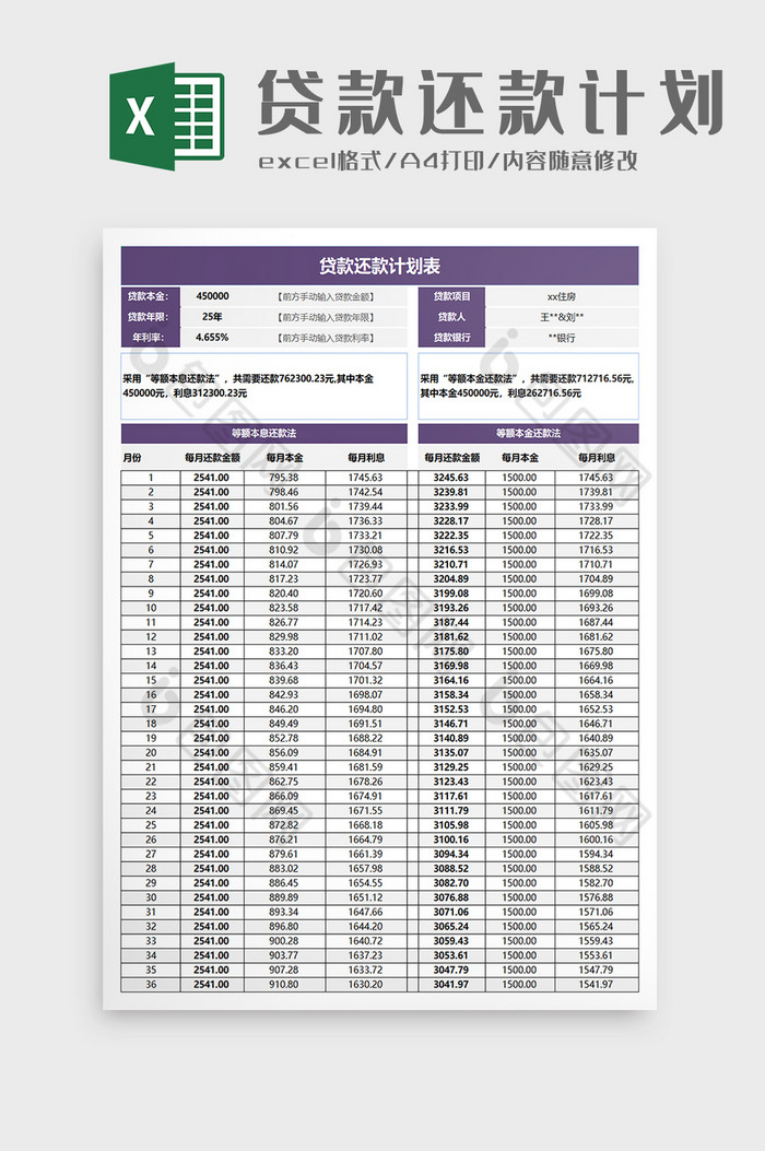 简洁贷款还款计划表excel模板图片图片