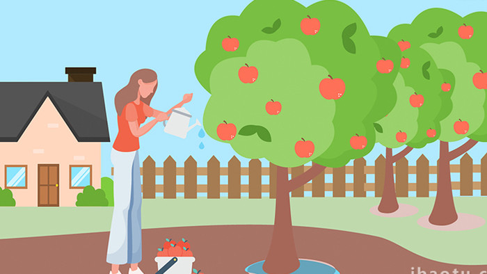 易用卡通类mg动画插画类立秋给苹果树浇水