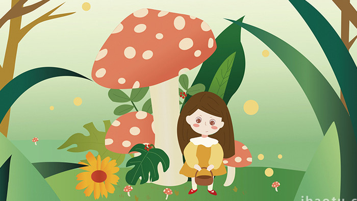 易用卡通类mg动画插画秋天采蘑菇的小姑娘